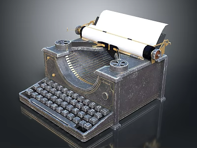 Vintage Typewriter With Classic Keyboard And Rolled Paper On Shiny Surface 3d model