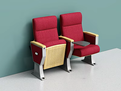 Red Upholstered Public Chairs With Wooden Armrests And Metal Frames Against Green Wall 3d model