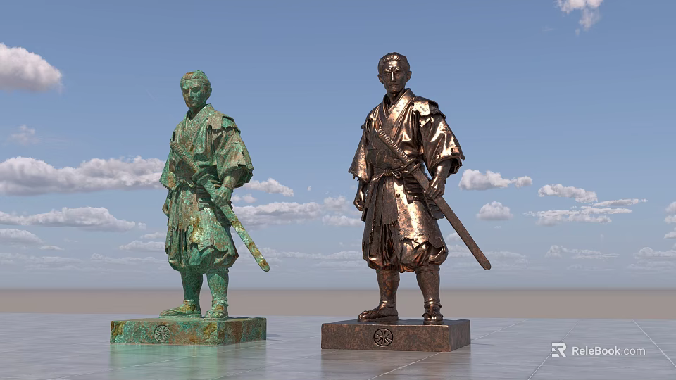 Different Colored Traditional Attire Figure Landscape Sculptures Holding Swords On Gray Platform With Blue Sky 3d model 