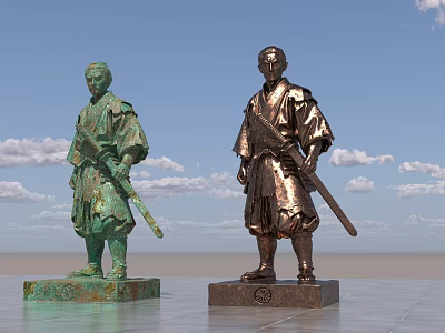 Different Colored Traditional Attire Figure Landscape Sculptures Holding Swords On Gray Platform With Blue Sky 3d model