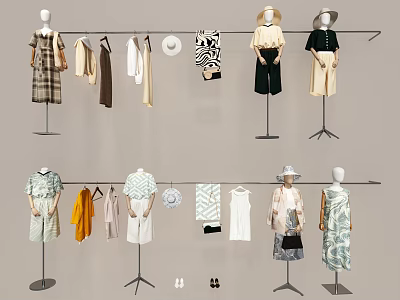 Fashion Mannequins Display Various Clothing Styles With Dresses Shirts Hats And Shoes 3d model