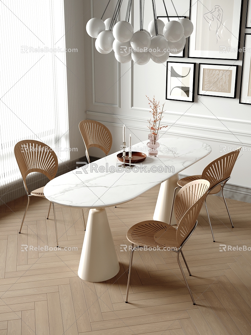 Modern Dining Table and Chair Combination Long Table Top View 3d model