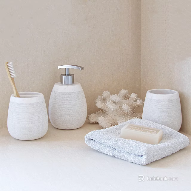 Minimalist White Bathroom Essentials With Toothbrush Holder Soap Dispenser Towel Soap Bar And Coral Decoration 3d model 