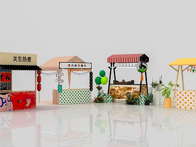 Colorful Market Stalls With Decorated Awnings Balloons And Potted Plants 3d model