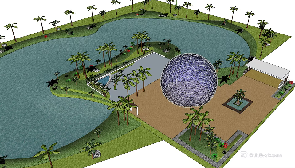 Park Landscape Design With Pond Palm Trees Dome Structure And Green Lawn 3d model 