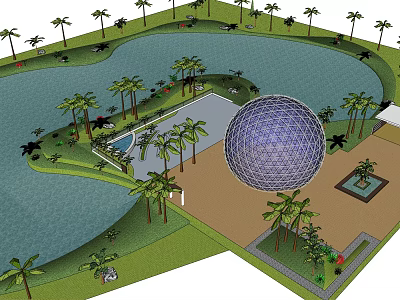 Park Landscape Design With Pond Palm Trees Dome Structure And Green Lawn 3d model