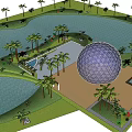 Park Landscape Design With Pond Palm Trees Dome Structure And Green Lawn