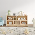 Wooden Display Shelf In Children's Room With Plush Toys Toy Cars Books And Storage Baskets