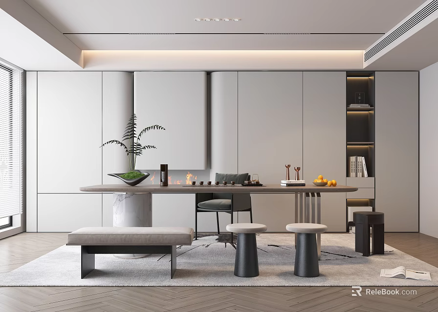 Modern Tea Room Interior With White Cabinets Long Table Green Plant Stools And Bookshelf 3d model 