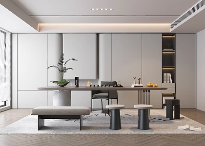 Modern Tea Room Tea Table and Chair Combination Tea Cabinet Carpet Chandelier Green Plant Tea Set Combination 3d model