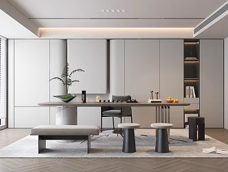 Modern Tea Room Tea Table and Chair Combination Tea Cabinet Carpet Chandelier Green Plant Tea Set Combination 3d model