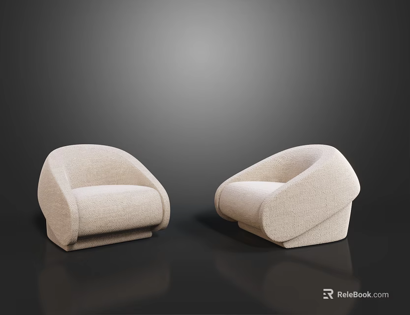 Beige Single Sofas with Rounded Design and Armrests on Black Reflective Background 3d model