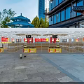 Trustworthy Livelihood Supermarket Department with Red Pillars Beverage Shelves and Yellow Promotion Counters