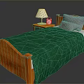 Wooden Bed With Green Quilt Gray Pillows Nightstand Lamp And Red Alarm Clock