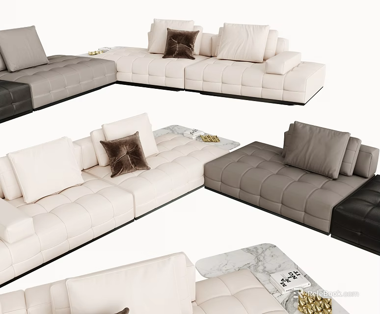 Modern Modular Sectional Sofa With White Gray Black Upholstery And Decorative Pillows 3d model