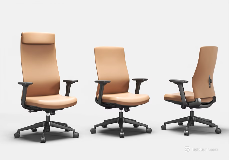 Modern Tan Office Chair With Black Armrests Base And Wheels From Different Angles 3d model
