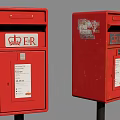 Two Red Fire Equipment With Black Bases Poles And White Labels 3d model