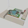 Serene Courtyard Garden With Pond Lily Pads Rock Formations Wooden Deck And Green Plants