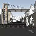 Modern Entrance Gate Design With Metal Structure Trees Road Pedestrians And Vehicles