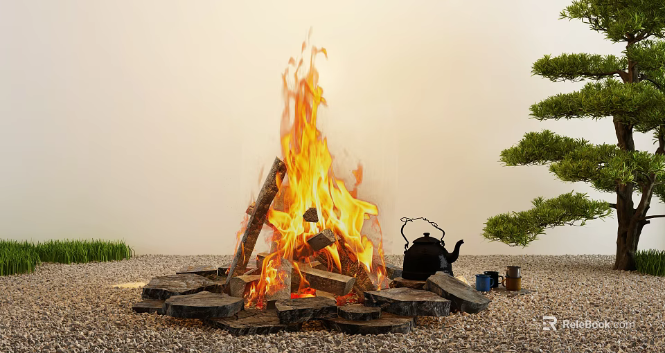 Cozy Garden Decor With Bonfire Stone Base Teapot Small Cups Green Plants And Pine Tree 3d model 