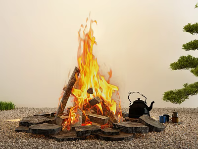 Cozy Garden Decor With Bonfire Stone Base Teapot Small Cups Green Plants And Pine Tree 3d model