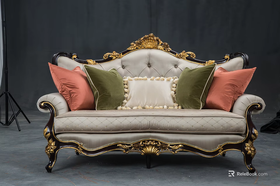 Classic Multi Seater Sofa With Gold Carved Black Accents Light Gray Upholstery And Colorful Pillows 3d model 