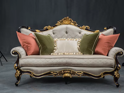 Classic Multi Seater Sofa With Gold Carved Black Accents Light Gray Upholstery And Colorful Pillows 3d model