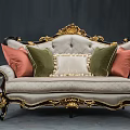 Classic Multi Seater Sofa With Gold Carved Black Accents Light Gray Upholstery And Colorful Pillows