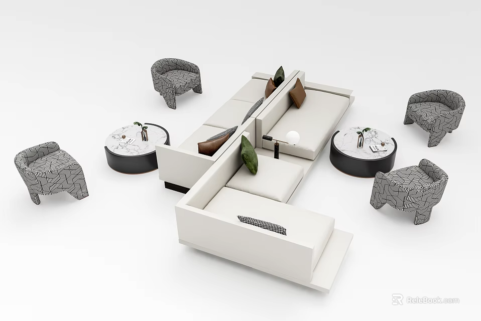 Modern Sofa And Coffee Table Set With White Upholstery Round Tables Gray Armchairs Green Cushions 3d model 