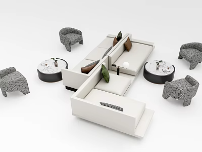 Modern Sofa And Coffee Table Set With White Upholstery Round Tables Gray Armchairs Green Cushions 3d model