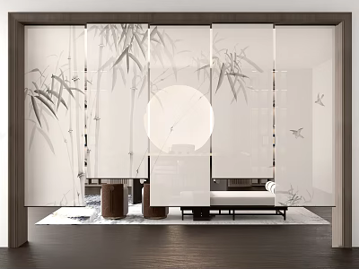 Elegant White Blinds In Modern Living Space With Bamboo Design Circular Moon Decor And Sofa 3d model