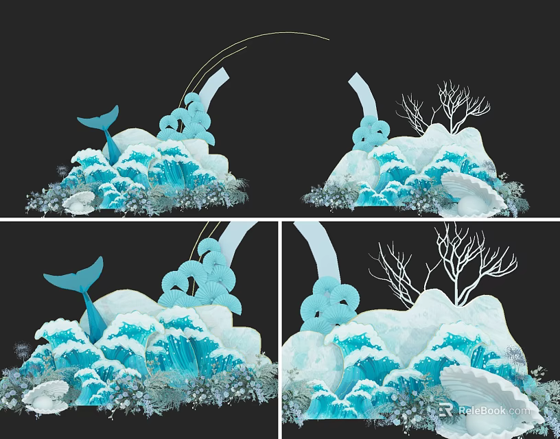 Blue Decorative Scene With Whale Clouds Waves Snow Like Elements And Branches 3d model 