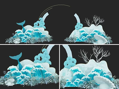 Blue Decorative Scene With Whale Clouds Waves Snow Like Elements And Branches 3d model
