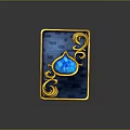 Ornate Casino Card with Golden Border Scrolls and Blue Teardrop Design on Blue Brick Wall