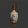 Traditional Sculpture Carving Painted Vase With Curved Handle And Human Figures