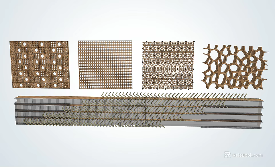 Decorative Wall Panels Featuring Various Textures Including Grid Honeycomb And Perforated Patterns 3d model