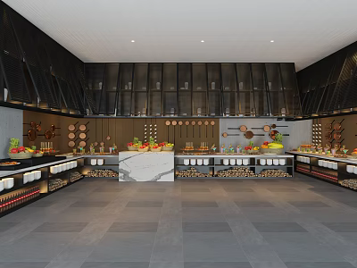 Restaurant Buffet Area Featuring Fresh Fruits Vegetables Meats Modern Black Decorative Canopies White Marble Counter 3d model
