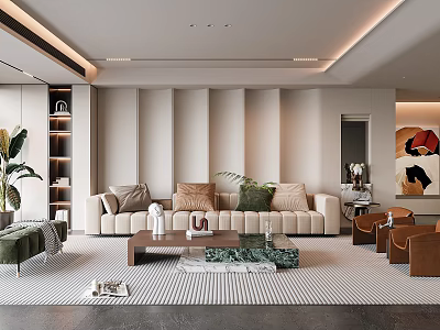 Modern Living Room Interior With Beige Sofa Throw Pillows Coffee Table Bookshelf And Green Plants 3d model