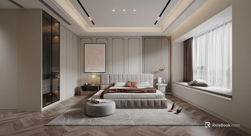 Modern Bedroom Interior With Upholstered Bed Herringbone Rug Decorative Wall Art And Window Seat 3d model 