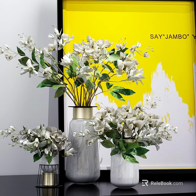 White Blossoms With Green Leaves In Decorative Vases For Home Interior Decor 3d model 