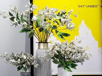 White Blossoms With Green Leaves In Decorative Vases For Home Interior Decor 3d model