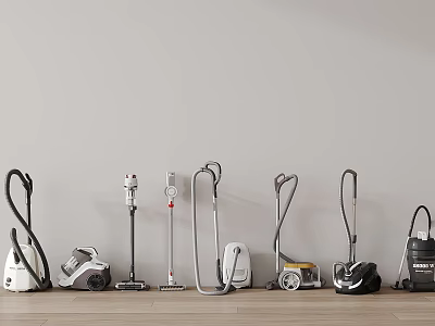 Various Types Of Vacuum Cleaners Displayed In Row 3d model
