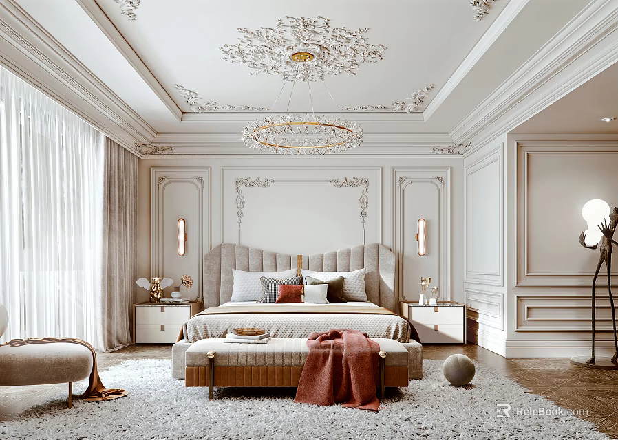 Elegant Modern Bedroom Interior With Intricate Ceiling Moldings Chandelier Tufted Headboard Bench And Area Rug 3d model 