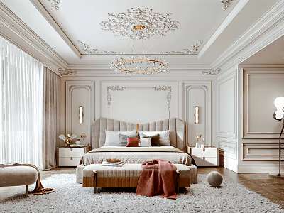 Elegant Modern Bedroom Interior With Intricate Ceiling Moldings Chandelier Tufted Headboard Bench And Area Rug 3d model