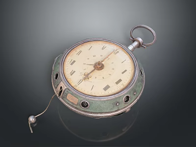 Vintage Pocket Watch With Green Case Roman Numeral Dial Decorative Holes And Chain 3d model