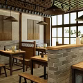 Traditional Chinese Restaurant Interior With Wooden Tables Brick Walls And Decorative Vases