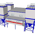 Industrial Processing Equipment Featuring Tall Towers Blue Support Structures and Inclined Conveyor