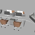 Modern Office Desk Partition Workstations With Computer Monitors And Brown Chairs 3d model