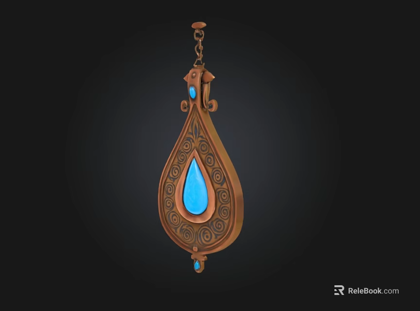 Antique Copper Pendant With Blue Teardrop Gem And Intricate Scroll Design 3d model 