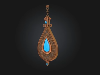 Antique Copper Pendant With Blue Teardrop Gem And Intricate Scroll Design 3d model